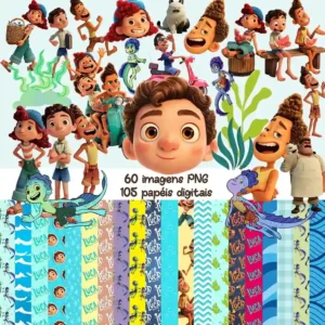 Kit digital do tema Luca Disney exibindo amostras de papéis digitais texturizados com elementos do fundo do mar e cliparts dos personagens em alta resolução.