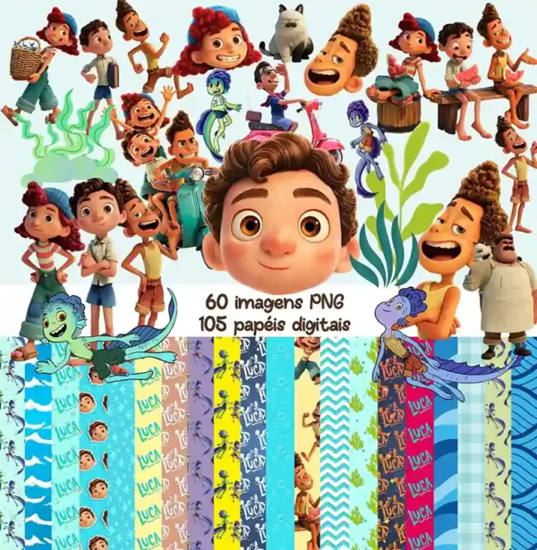 Kit digital do tema Luca Disney exibindo amostras de papéis digitais texturizados com elementos do fundo do mar e cliparts dos personagens em alta resolução.