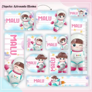 Conjunto de rótulos adesivos escolares em tamanhos variados com uma linda menina astronauta usando capacete espacial e flutuando alegremente no espaço, cercada por estrelas cintilantes, planetas coloridos e foguetes em um fundo cósmico em tons de rosa e roxo, exibindo linhas de contorno em arquivo digital de corte.