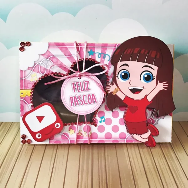 Projeto digital de caixa maleta Mini Confeiteiro com o nome Giovanna impresso, mostrando as linhas de vinco e corte para doces e guloseimas aberto na tela do computador.