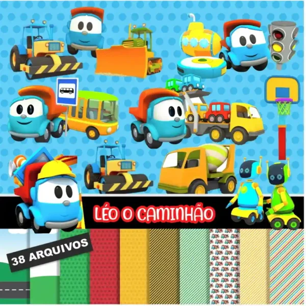 Pack de arquivos digitais do tema Leo o Caminhão exibindo amostras de papéis estampados com estradas e engrenagens, além de cliparts em formato PNG com os personagens em alta definição.