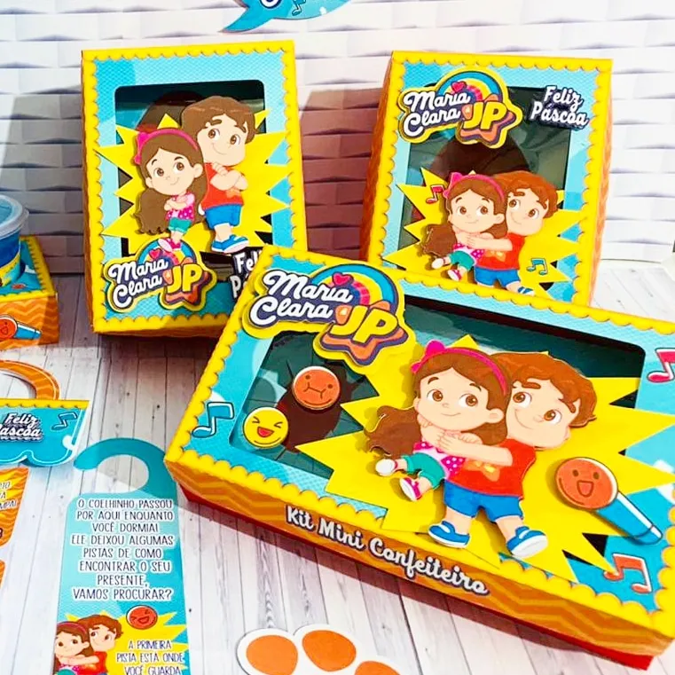 Kit digital de personalizados de Páscoa no tema Maria Clara e JP nos formatos Silhouette Studio e PDF.