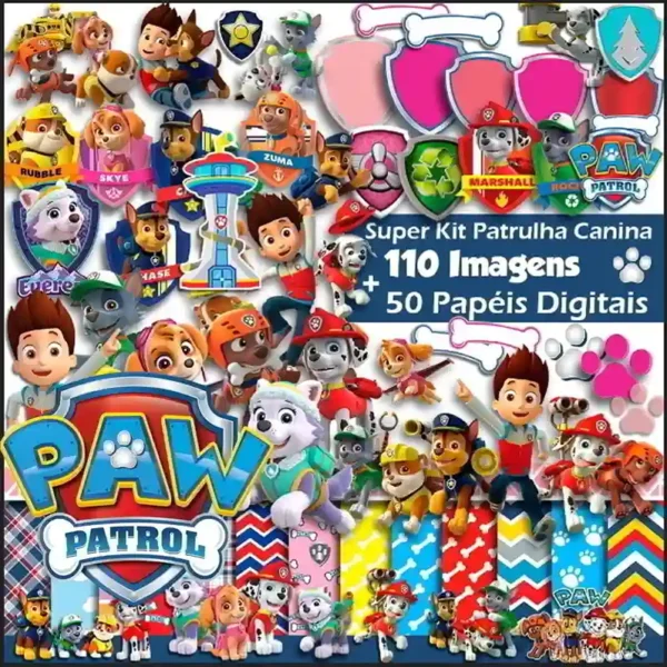 Coleção de arquivos digitais do tema Patrulha Canina exibindo amostras de papéis estampados com pegadas e escudos e cliparts dos personagens em formato de alta definição.