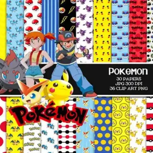 Coleção completa de arquivos digitais do tema Pokémon, mostrando papéis de parede estampados e cliparts em formato PNG com fundo transparente prontos para edição.