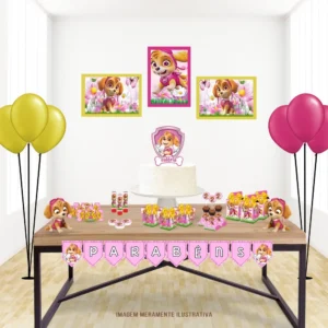 Kit de papelaria personalizada para festa em casa com o tema da Skye da Patrulha Canina para decoração.