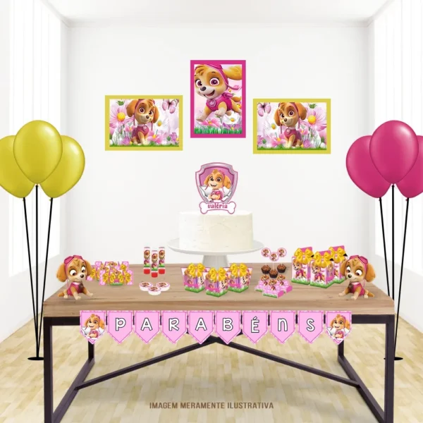 Kit de papelaria personalizada para festa em casa com o tema da Skye da Patrulha Canina para decoração.