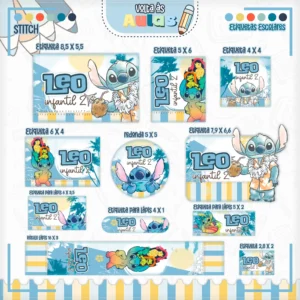 Conjunto de rótulos adesivos escolares em tamanhos variados com o personagem Stitch exibindo caretas e sorrisos divertidos sobre um fundo azul com pequenas estrelas e elementos tropicais, mostrando linhas de contorno em arquivo digital de corte.