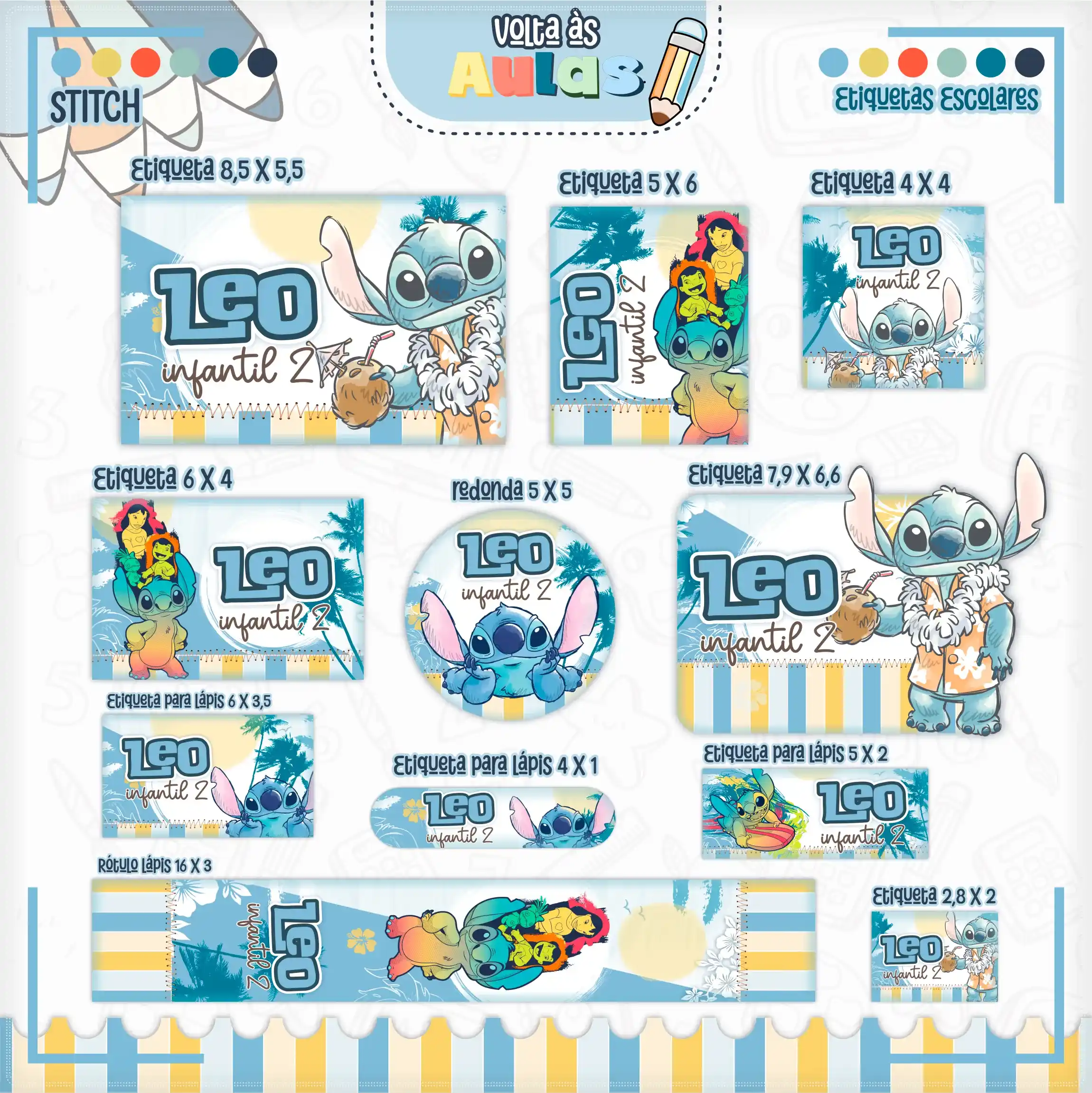 Conjunto de rótulos adesivos escolares em tamanhos variados com o personagem Stitch exibindo caretas e sorrisos divertidos sobre um fundo azul com pequenas estrelas e elementos tropicais, mostrando linhas de contorno em arquivo digital de corte.