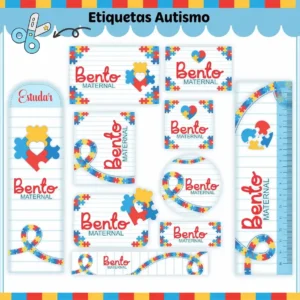 Tags suspensas e adesivos organizadores para cadernos exibindo motivos de conscientização do autismo com paleta de cores primárias, bordas arredondadas e divisórias para anotações.