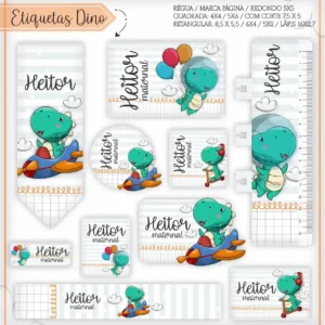 Conjunto de rótulos adesivos escolares em tamanhos variados com dinossauros fofos e coloridos, como um tiranossauro rex e um tricerátops, sobre um fundo dinâmico em tons de verde e azul com folhagens tropicais e pegadas, exibindo linhas de contorno em arquivo digital de corte.