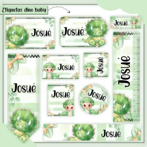 Conjunto de rótulos adesivos escolares em tamanhos variados com dinossauros fofos e coloridos, como um tiranossauro rex e um tricerátops, sobre um fundo dinâmico em tons de verde e azul com folhagens tropicais e pegadas, exibindo linhas de contorno em arquivo digital de corte.