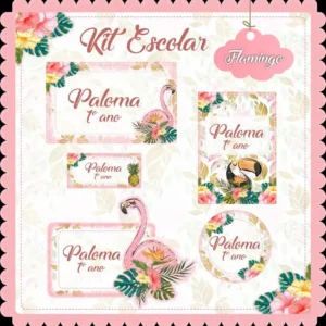 Gabarito digital de etiqueta escolar com ilustrações de flamingos cor-de-rosa e folhas tropicais delicadas, trazendo linhas estruturadas de contorno e campos para preenchimento de nome e matéria do estudante.