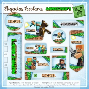 Gabarito digital de tag de identificação escolar com design pixelado do jogo Minecraft, exibindo as linhas estruturadas de contorno e dimensões para recorte preciso.