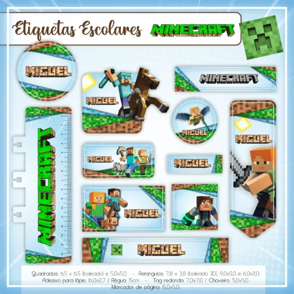 Gabarito digital de tag de identificação escolar com design pixelado do jogo Minecraft, exibindo as linhas estruturadas de contorno e dimensões para recorte preciso.