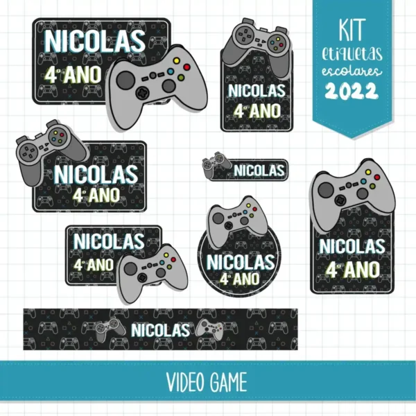 Alternativo: Gabarito digital de etiqueta escolar com tema de jogos eletrônicos, apresentando controles de videogame, pixels e elementos geométricos modernos, exibindo as linhas estruturadas de contorno para recorte.