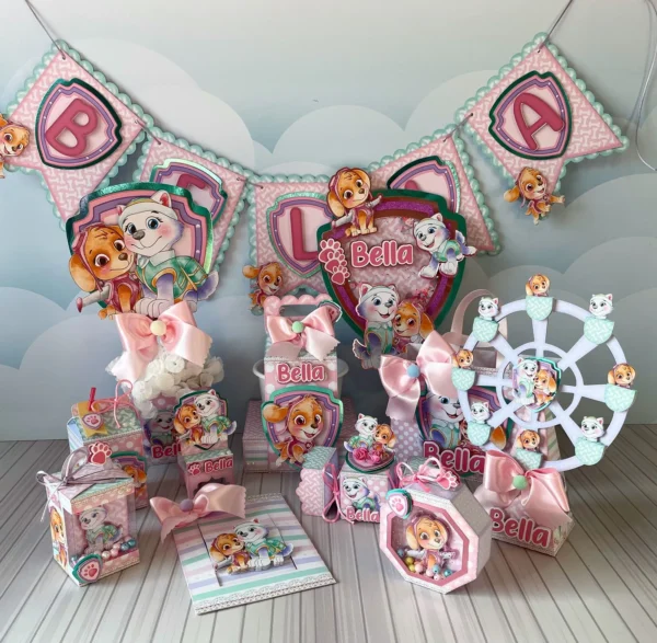 Moldes digitais em alta resolução do tema Patrulha Canina Rosa com contornos limpos para papelaria personalizada e decoração de mesa de aniversário.