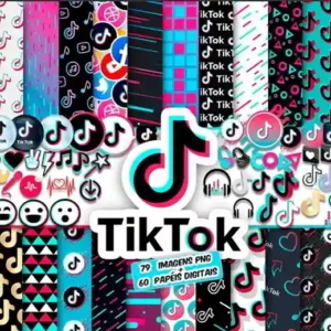 Kit de arquivos digitais do tema TikTok exibindo papéis texturizados com fundos musicais e cliparts em formato PNG de alta definição com ícones da rede social.