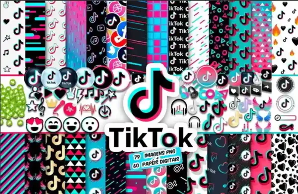Kit de arquivos digitais do tema TikTok exibindo papéis texturizados com fundos musicais e cliparts em formato PNG de alta definição com ícones da rede social.
