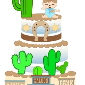 Topper de bolo com chapéu, bota, cacto e cavalinho em estilo baby cowboy para decoração de festa infantil temática faroeste em arquivo digital de corte.