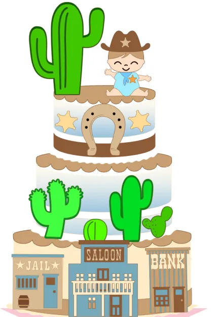 Topper de bolo com chapéu, bota, cacto e cavalinho em estilo baby cowboy para decoração de festa infantil temática faroeste em arquivo digital de corte.