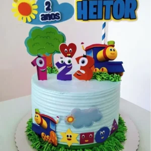 Topper de bolo com o simpático Bob o Trem, vagões coloridos com letras e números em camadas tridimensionais para decoração de festa infantil em arquivo digital de corte.