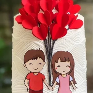 Topper de bolo romântico mostrando a silhueta de um casal abraçado segurando um cordão com vários balões em formato de coração vermelho flutuando, dispostos em camadas tridimensionais em arquivo digital de corte.