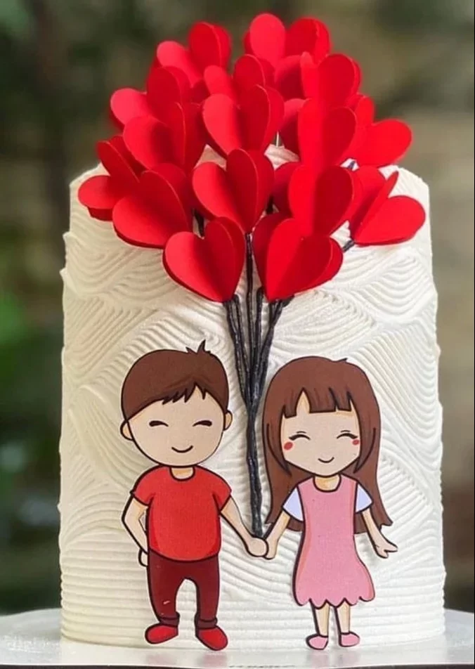 Topper de bolo romântico mostrando a silhueta de um casal abraçado segurando um cordão com vários balões em formato de coração vermelho flutuando, dispostos em camadas tridimensionais em arquivo digital de corte.