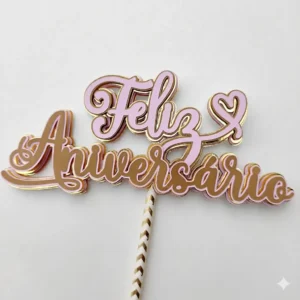 Topper de bolo elegante com a frase Feliz Aniversário escrita em letras cursivas e robustas na cor dourada espelhada, com estrelas vazadas e ramos decorativos ao fundo dispostos em camadas tridimensionais em arquivo digital de corte.