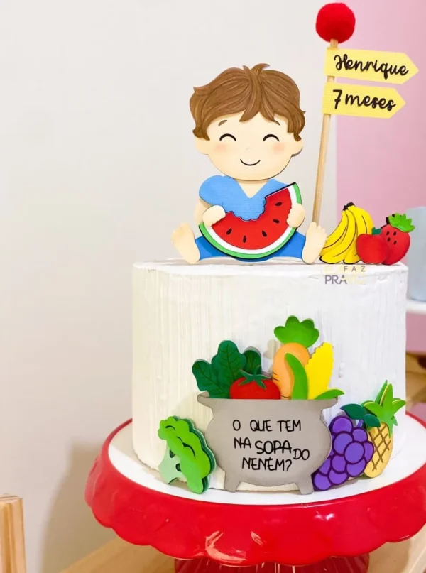 Arquivo de corte digital para topo de bolo no tema introdução alimentar em formato Studio para Silhouette, apresentando camadas com formatos de frutas e vegetais felizes com contornos para recorte.