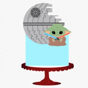 Gabarito digital de topo de bolo com o personagem Grogu (Baby Yoda) dentro de sua cápsula flutuante e estrelas da galáxia de Star Wars, exibindo as linhas estruturadas de contorno e camadas para recorte na Silhouette.