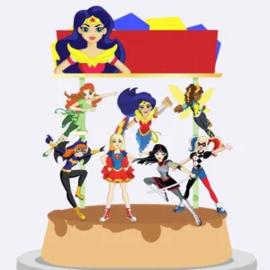 Topper de bolo com as personagens Mulher-Maravilha, Supergirl e Batgirl do tema Super Hero Girls para decoração de festa infantil em arquivo digital de corte.