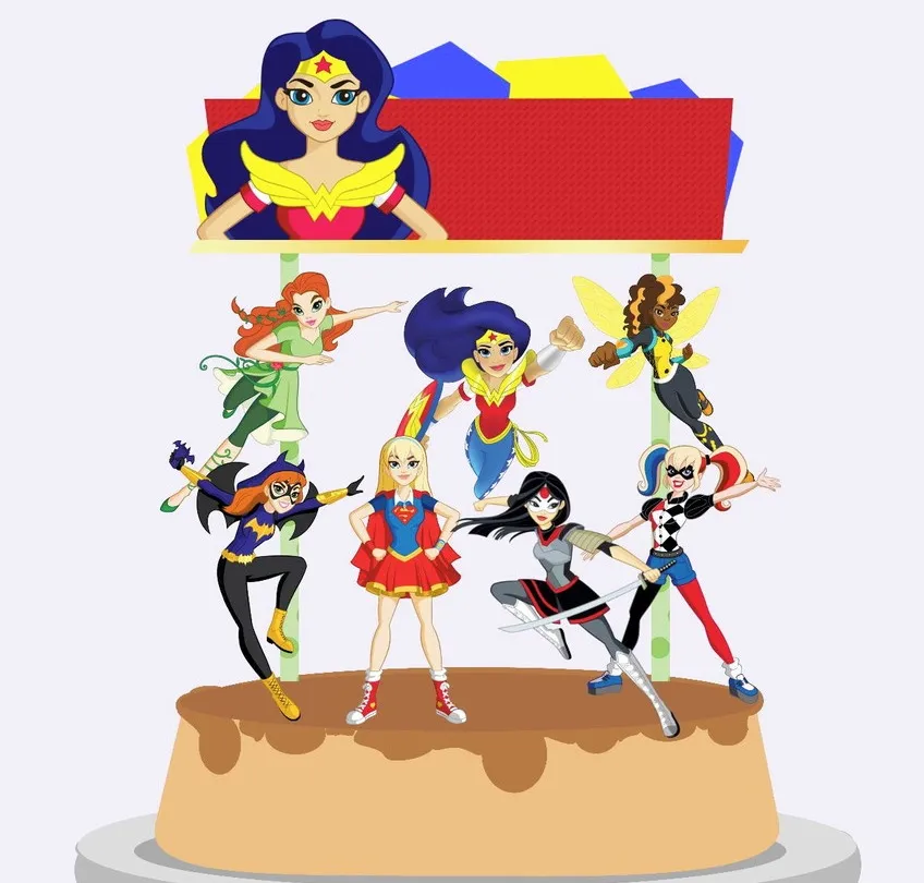Topper de bolo com as personagens Mulher-Maravilha, Supergirl e Batgirl do tema Super Hero Girls para decoração de festa infantil em arquivo digital de corte.