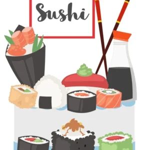Alternativo: Topper de bolo divertido com ilustrações da culinária japonesa contendo combinados de sushis fofos, sashimis de salmão e um pequeno pote com molho shoyu, dispostos em camadas tridimensionais em arquivo digital de corte.