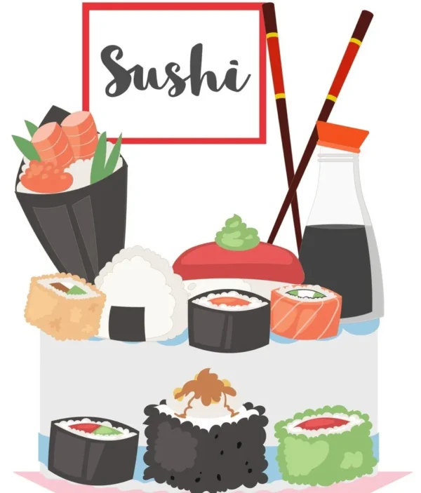 Alternativo: Topper de bolo divertido com ilustrações da culinária japonesa contendo combinados de sushis fofos, sashimis de salmão e um pequeno pote com molho shoyu, dispostos em camadas tridimensionais em arquivo digital de corte.