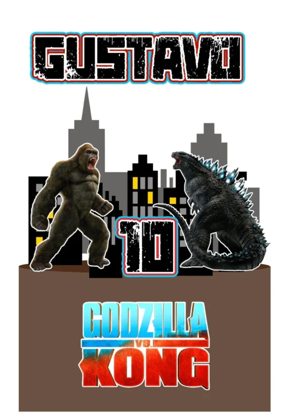 Arquivo de corte digital de topo de bolo no tema Godzilla vs Kong em formato Studio para Silhouette, mostrando o gorila gigante e o monstro réptil em posição de combate, prédios destruídos e fumaça em camadas prontas para recorte.