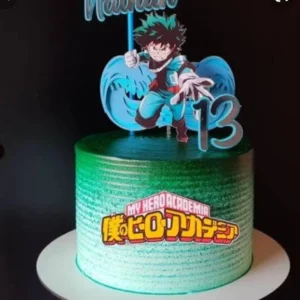 Gabarito digital de topo de bolo inspirado no universo de My Hero Academia, com ilustrações dinâmicas dos heróis Deku e Bakugo em poses de batalha, cercados por raios de energia em vetor e o logotipo da famosa escola de super-heróis, ressaltando os contornos e camadas de corte.