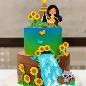 Gabarito digital de topo de bolo temático da Pocahontas com a silhueta da personagem, folhas ao vento e elementos da natureza em tons terrosos, exibindo as linhas estruturadas de contorno e camadas para recorte na Silhouette.