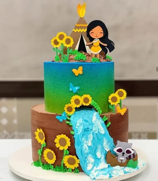 Gabarito digital de topo de bolo temático da Pocahontas com a silhueta da personagem, folhas ao vento e elementos da natureza em tons terrosos, exibindo as linhas estruturadas de contorno e camadas para recorte na Silhouette.