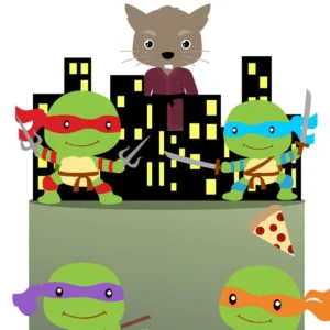 Arquivo de corte digital de topo de bolo no tema Tartarugas Ninja em formato Studio para Silhouette, mostrando o Leonardo, Raphael, Donatello e Michelangelo saindo de um bueiro, acompanhados de fatias de pizza e o logotipo do desenho estruturados em camadas prontas para recorte.