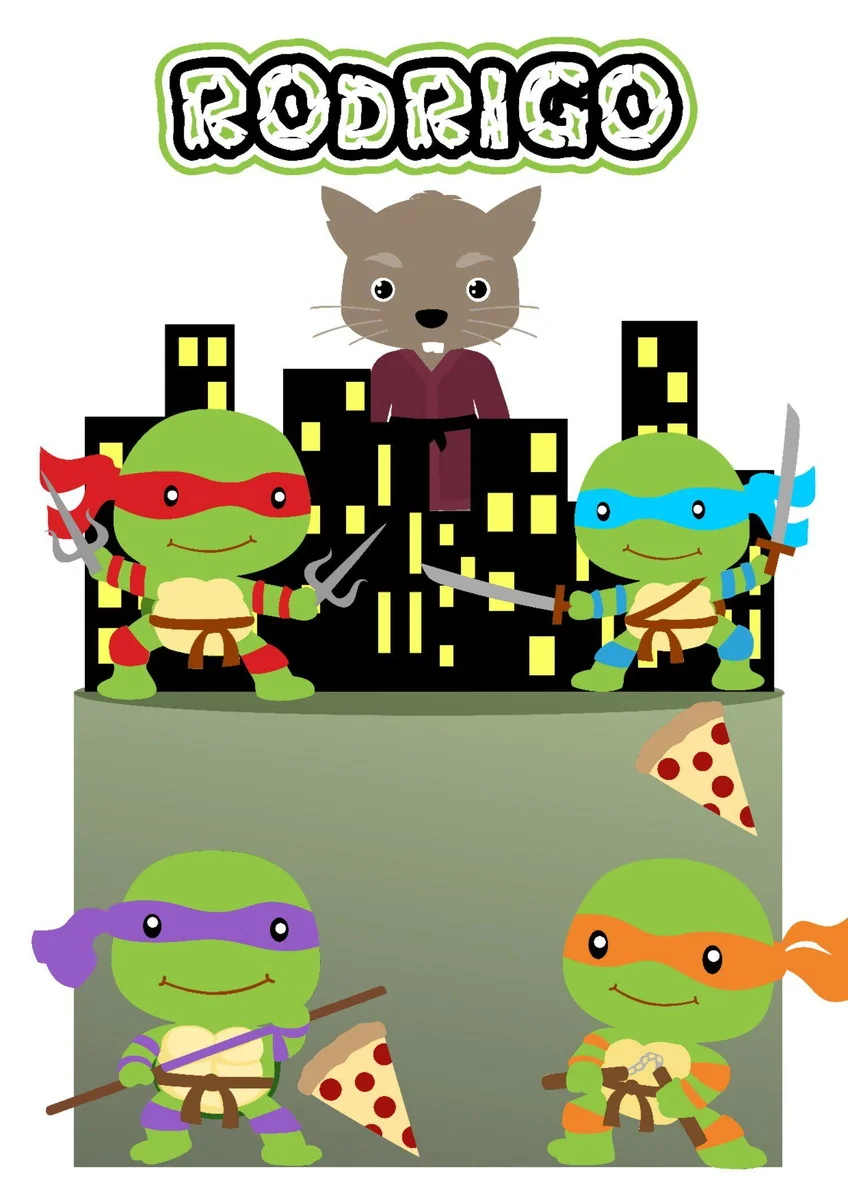 Arquivo de corte digital de topo de bolo no tema Tartarugas Ninja em formato Studio para Silhouette, mostrando o Leonardo, Raphael, Donatello e Michelangelo saindo de um bueiro, acompanhados de fatias de pizza e o logotipo do desenho estruturados em camadas prontas para recorte.