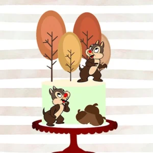 Topper de bolo com os esquilos Tico e Teco segurando nozes rodeados por folhas e troncos em camadas tridimensionais para decoração de festa em arquivo digital de corte.