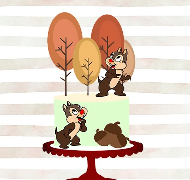 Topper de bolo com os esquilos Tico e Teco segurando nozes rodeados por folhas e troncos em camadas tridimensionais para decoração de festa em arquivo digital de corte.