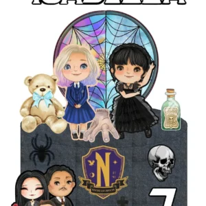 Topper de bolo com a personagem Wandinha Addams com suas tranças clássicas, o teto da janela gótica de moldura escura e a Mãozinha em camadas tridimensionais para decoração de festa em arquivo digital de corte.