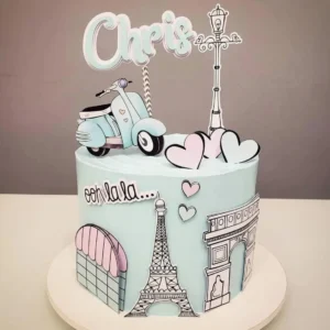 Topper de bolo com a Torre Eiffel tridimensional, silhueta de caniche e flores para decoração de festa temática de Paris em arquivo digital de corte.