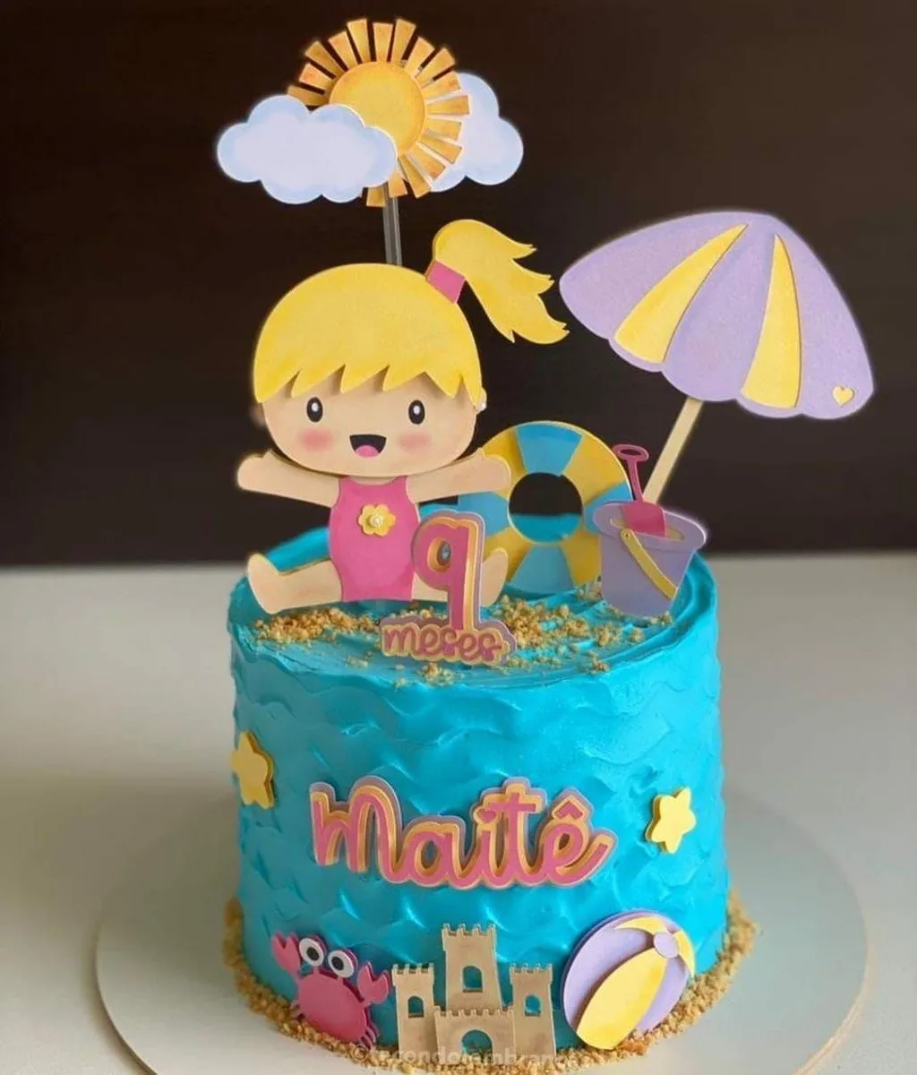 Moldes digitais de topo de bolo no tema praia para menina em formato Silhouette Studio.