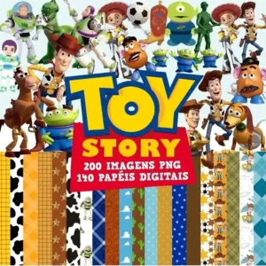 Coleção completa de papéis digitais e cliparts do tema Toy Story, apresentando estampas em alta resolução e personagens para criação de artes de papelaria.