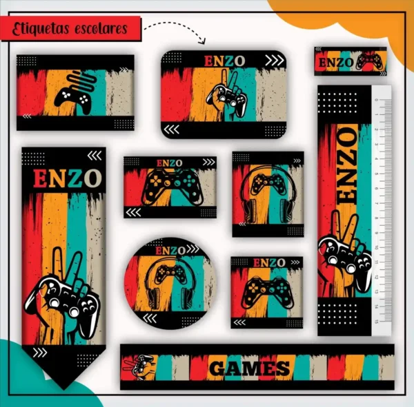 Molde digital de identificação escolar com fundo tecnológico de pixels, controles de console em vetor e fontes modernas estilo gamer, exibindo margens exatas para corte limpo.