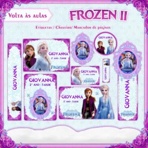 Conjunto de rótulos adesivos escolares em tamanhos variados com as irmãs Elsa e Anna cercadas por cristais e flocos de neve em um fundo azul brilhante, exibindo linhas de contorno em arquivo digital de corte.