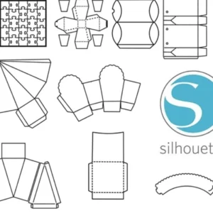 Pré-visualização de uma pasta digital contendo 60 moldes limpos abertos no software Silhouette Studio, exibindo linhas de corte perfeitas para caixas milks, caixas pirâmides, caixas sextavadas e toppers prontos para edição.