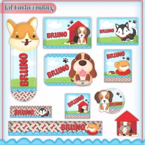 Cartela de adesivos escolares no tema Cachorrinho nos formatos Studio, PNG, CDR e PDF em alta resolução com patinhas fofas.